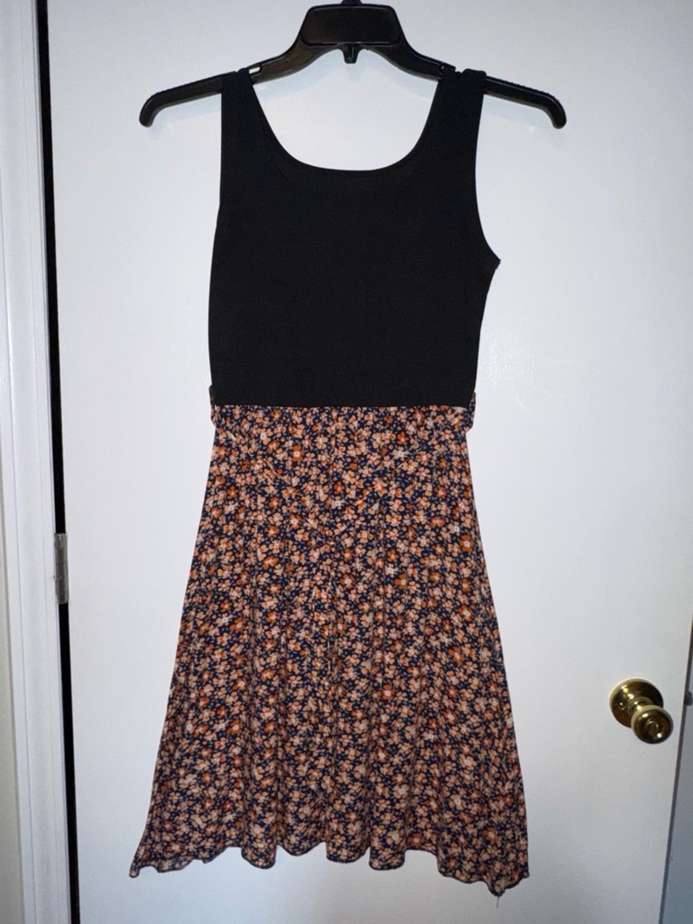 SHEIN Black Bodice Navy Floral Midi Dress with Orange Floral Print